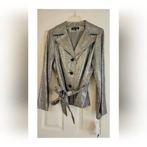 Jones New York Shiny Silver Belted Blazer